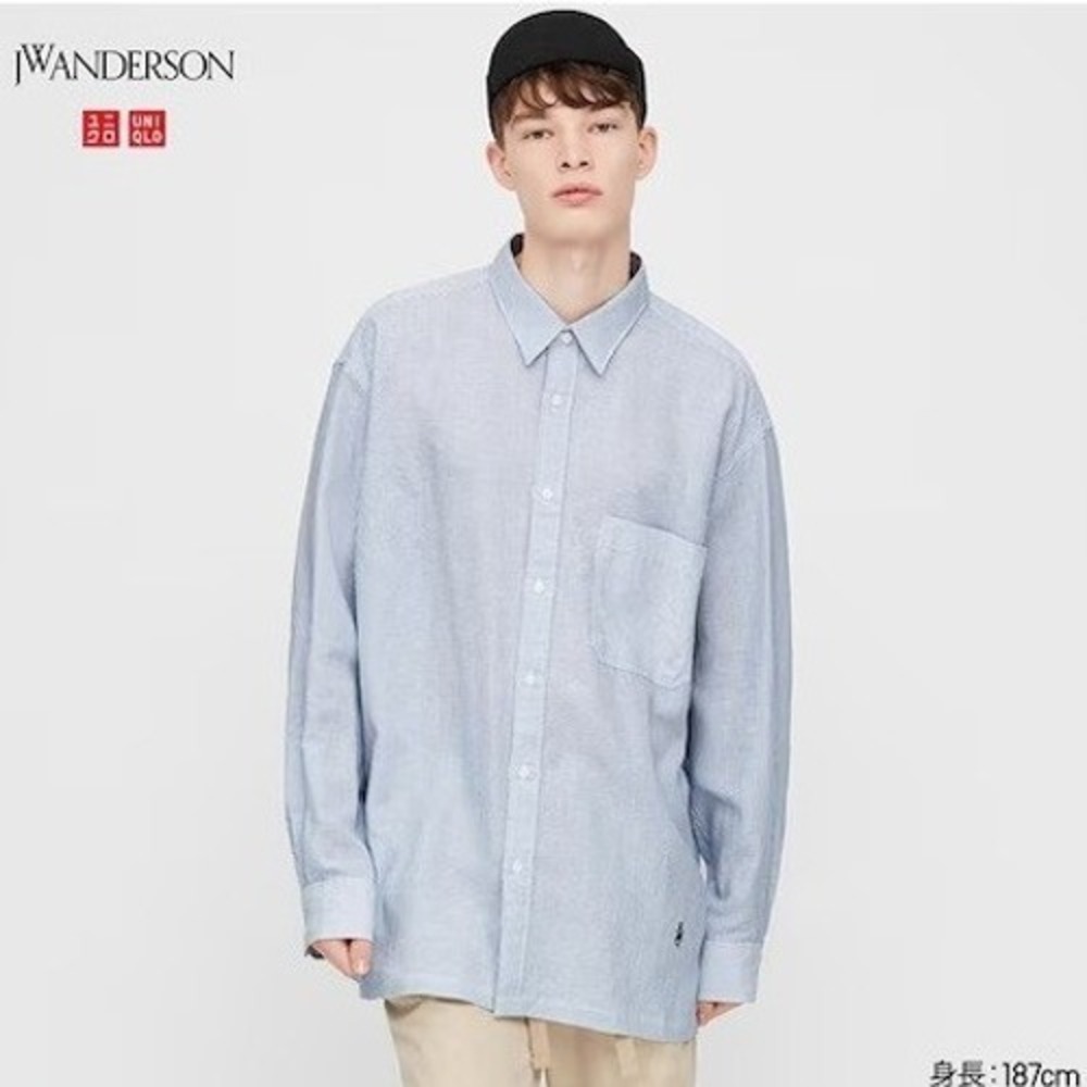 JW Anderson Uniqlo Oversized Linen Blend Stripe Shirt Men M Blue Relaxed Modal